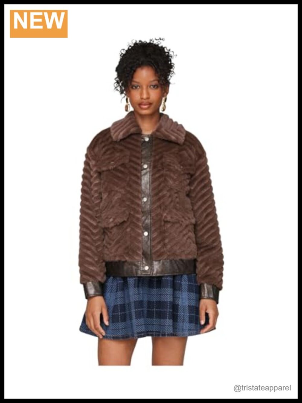 Faux Fur Trucket Jacket Chevron Texture Snap Closure Long Sleeve